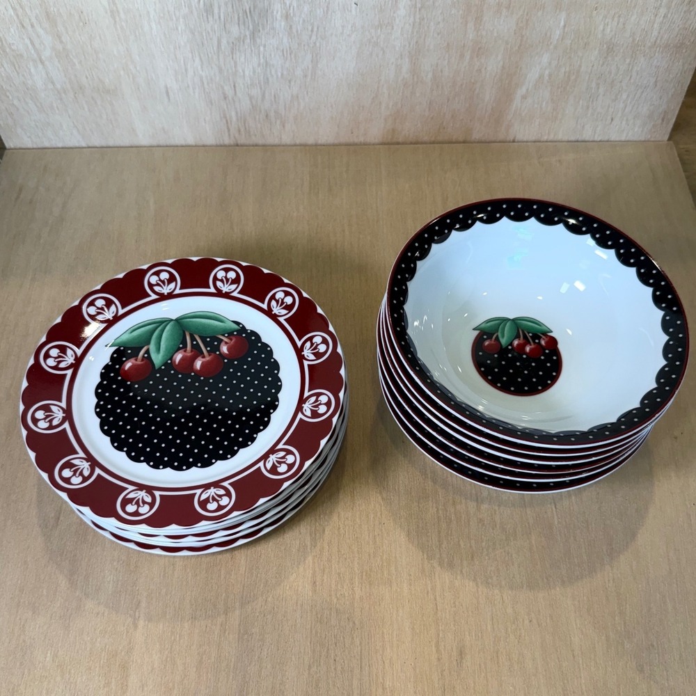 Mary Engelbreit Cherry Cameo Polka Dot 14pc Set 8 Salad Plates 6 Bowls Retro Red